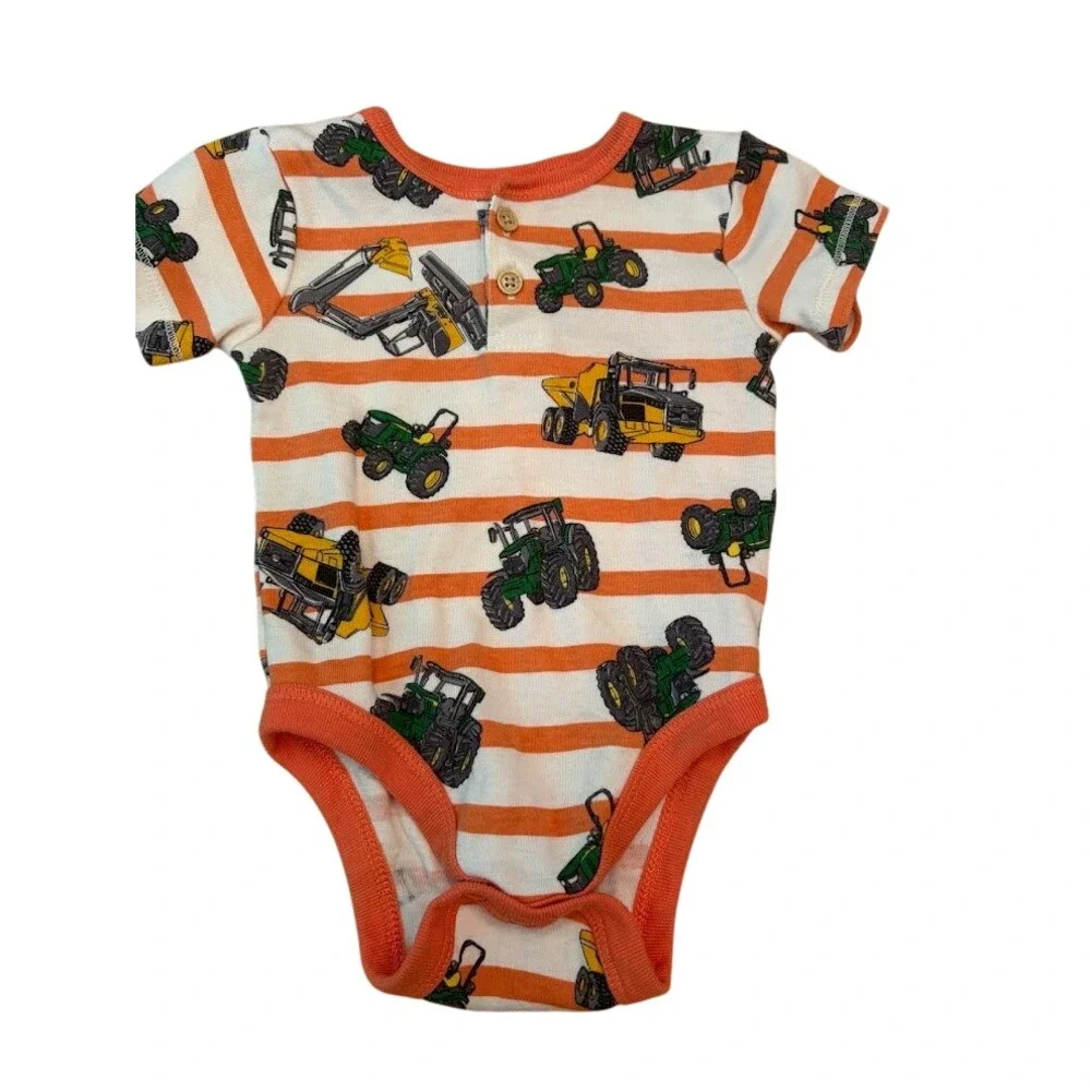 John Deere Baby Boys Orange Striped Tractor Construction Bodysuit Size6-9 Months